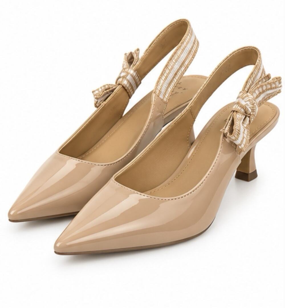 A New Day Women’s Size 7 Nude Patent Pointed Toe Slingback Kitten Heel Bow Pumps